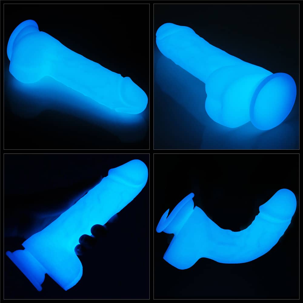 The details of the 7.5 inches lumino play silicone dildo when it emits blue fluorescence