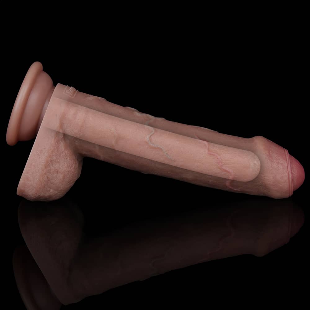 The 8 inches dual layered silicone cock has firm silicone inside and ultra soft silicone outside