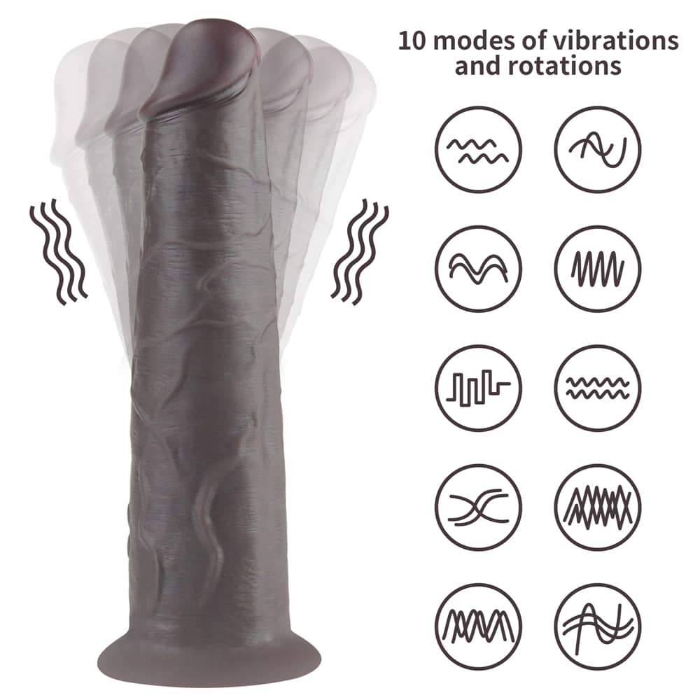 The 8 inches dual layered silicone rotator black has 10 modes of vibrations and rotations