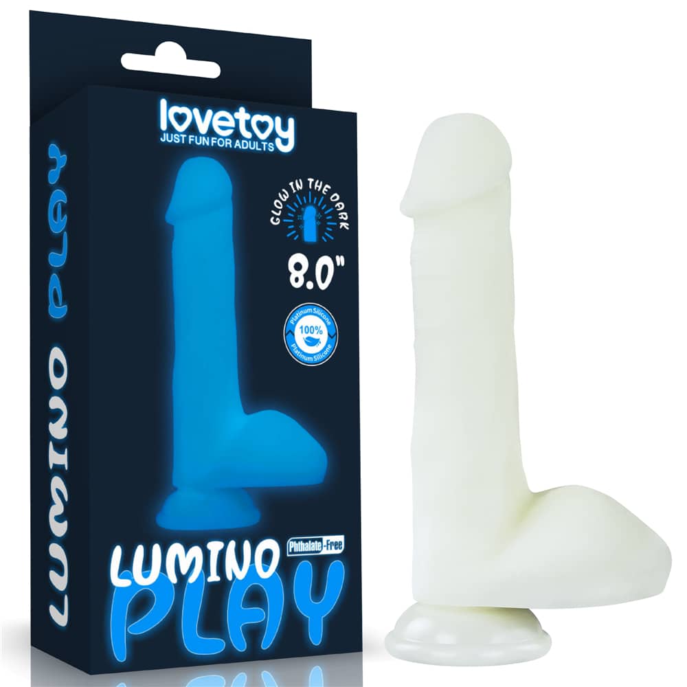 The packaging of the 8 inches lumino play silicone dildo