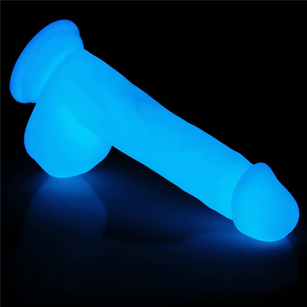  The 8 inches lumino play silicone dildo lays flat when it emits blue fluorescence