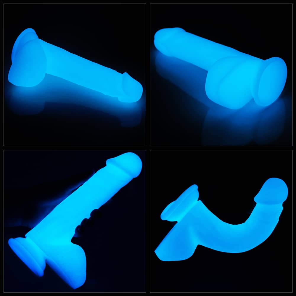 The details of the 8 inches lumino play silicone dildo when it emits blue fluorescence