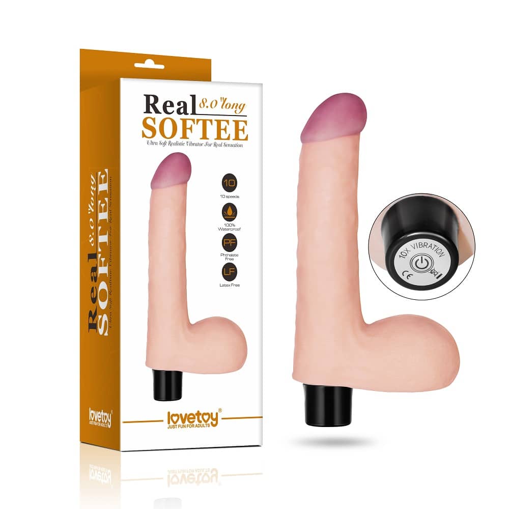 The packaging of the 8 inches real softee lifelike skin vibrating dildo