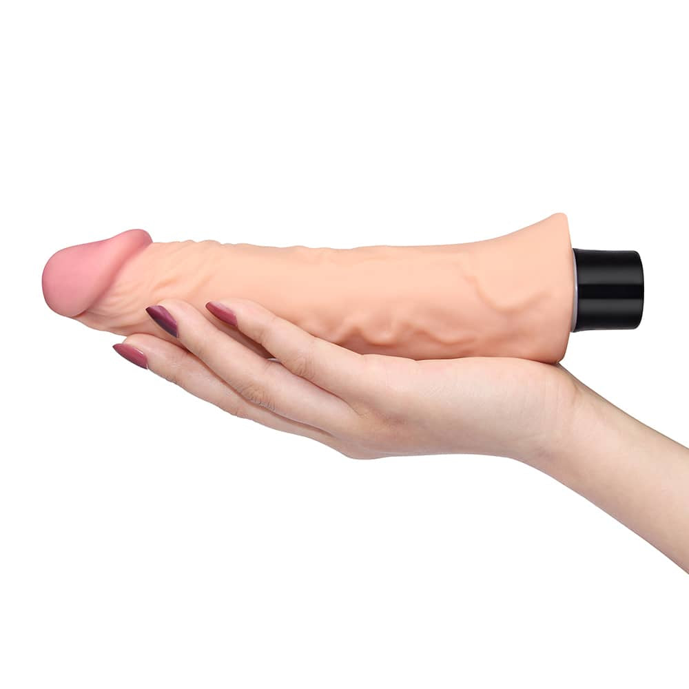  The 8 inches real softee realistic vibrating dildo lays flat on the palm
