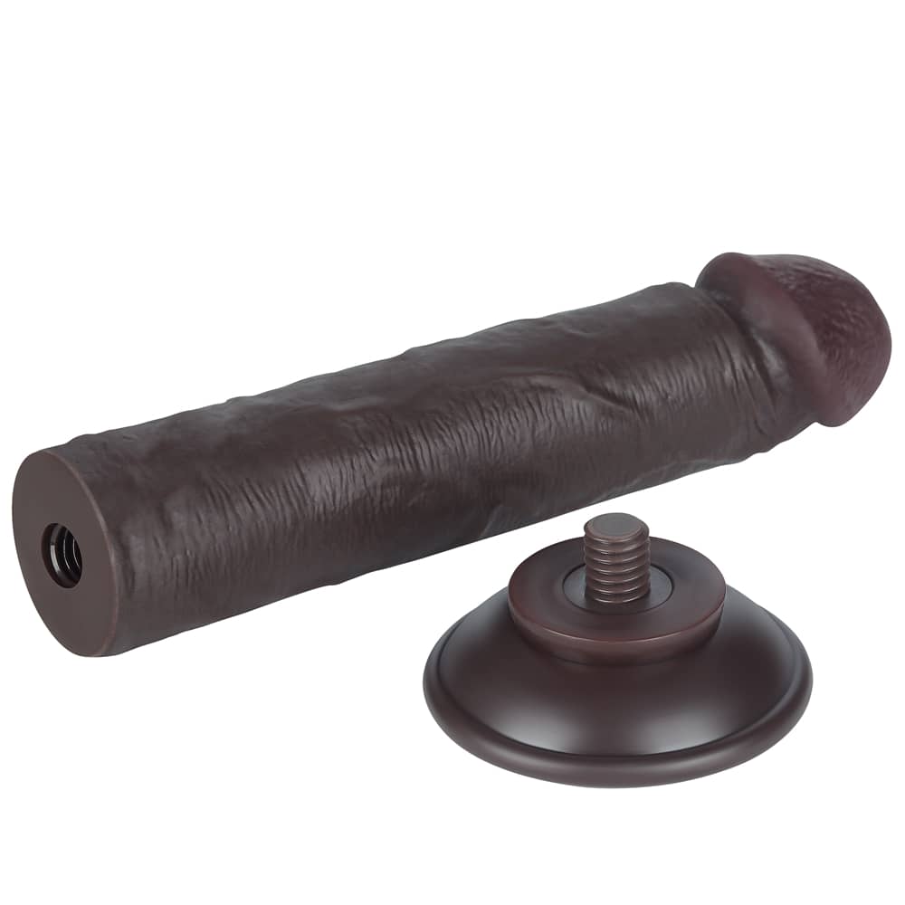  The 8 inches sliding skin dual layer dong black features a detachable powerful suction cup