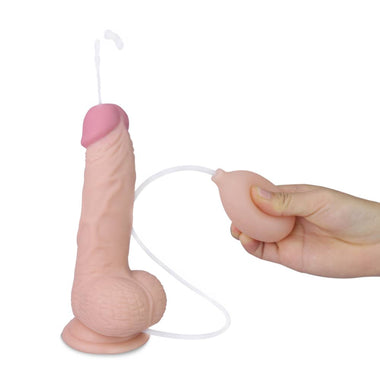 Squeeze the enema bulb to cause water to spurt out of the 8 inches soft ejaculation cock with ball