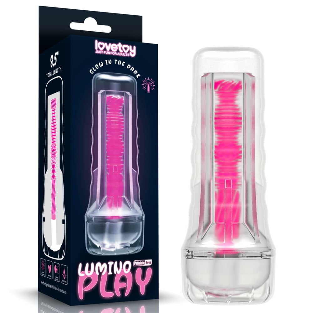 The packaging of the 8.5 inches pink glow lumino play masturbator
