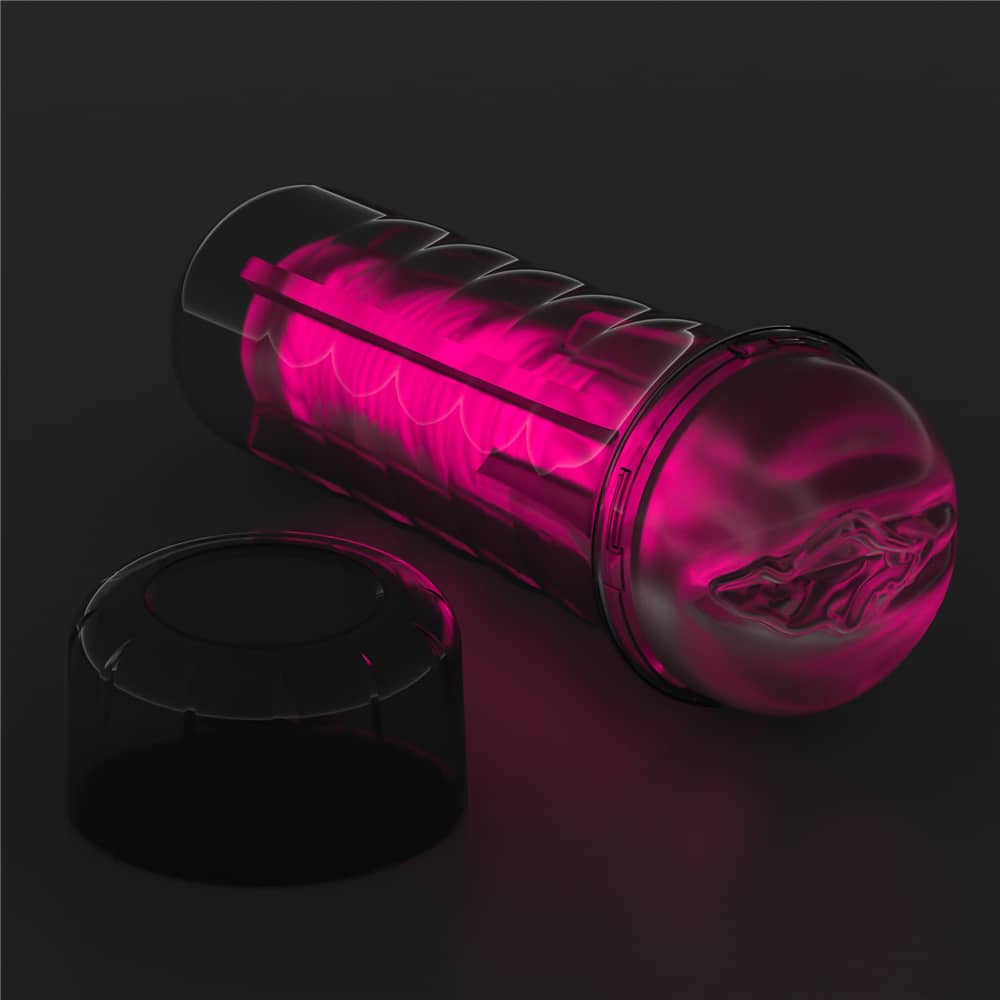 The 8.5 inches pink glow lumino play masturbator lays flat in the dark with lid open
