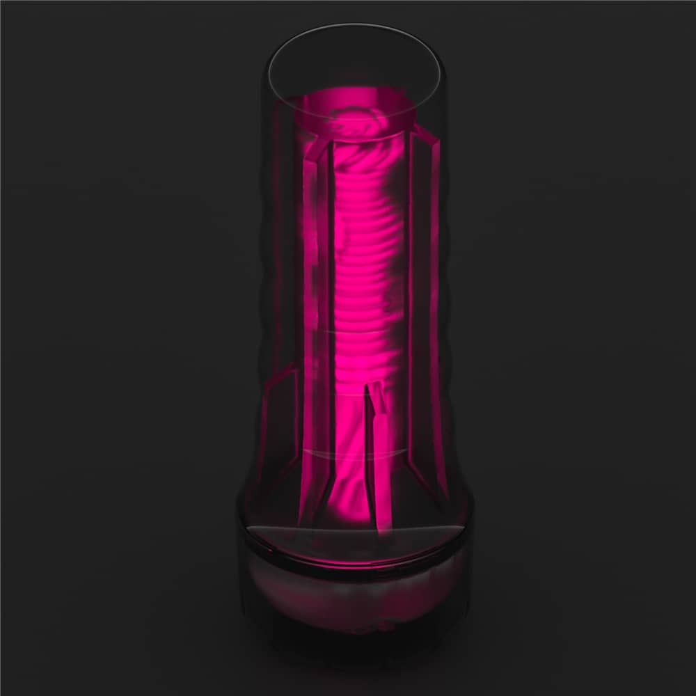 The 8.5 inches pink glow lumino play masturbator is is upright in the dark with pink fluorescence