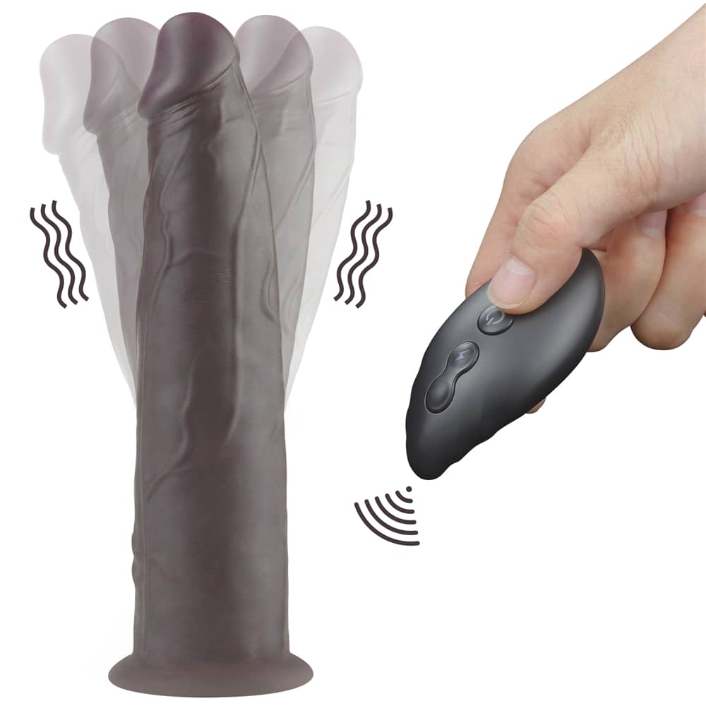 The 9 inches dual layered silicone rotator black is vibrating when press the remote control