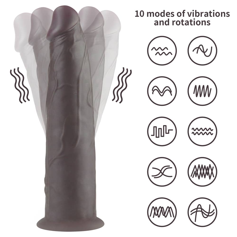 The 9 inches dual layered silicone rotator black has 10 modes of vibrations and rotations
