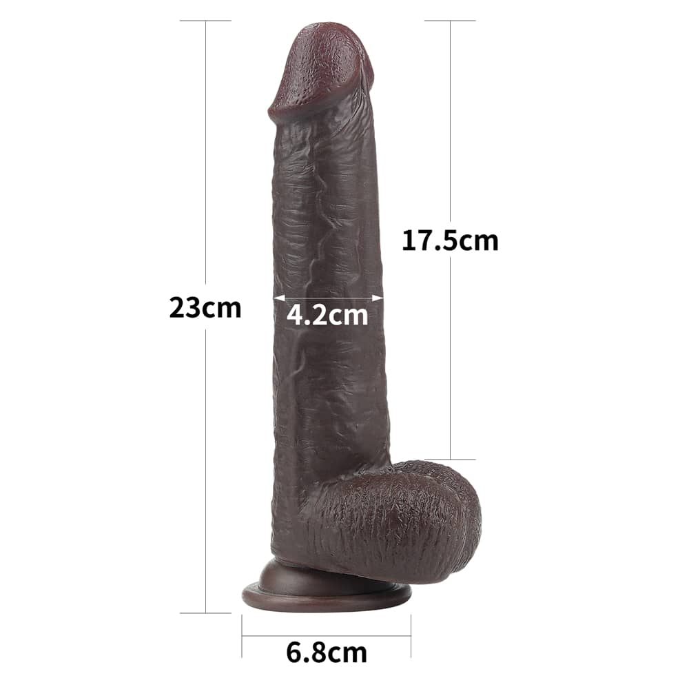 The size of the 9 inches black sliding skin dual layer dong 