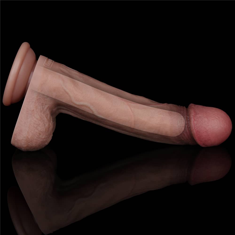 The 9 inhces dual layered silicone cock has firm silicone inside and ultra soft silicone outside