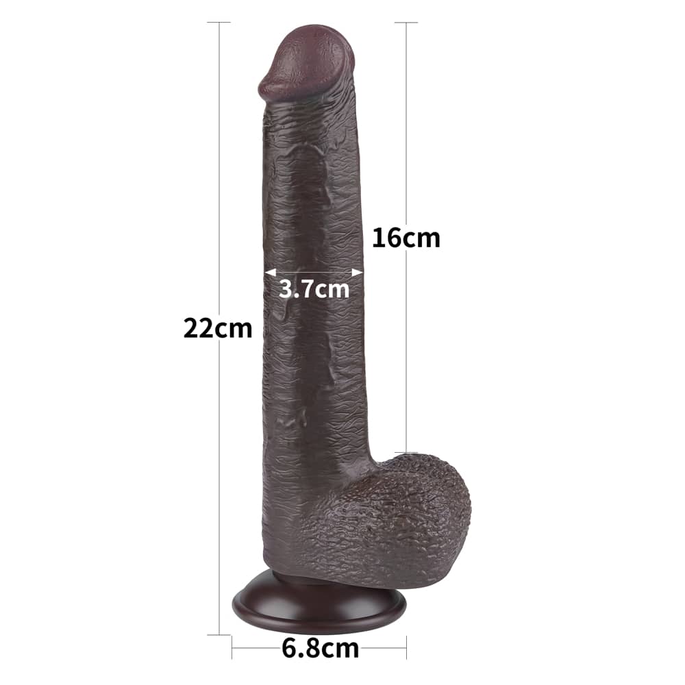 The size of the 9 inches black sliding skin dual layer dong 
