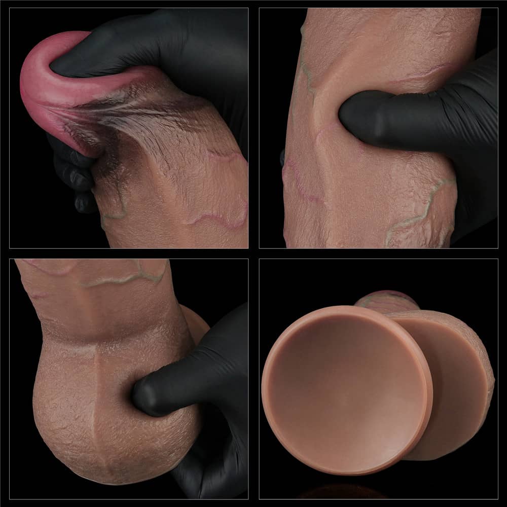 The details of the 9.5 inches dual layered xxl silicone cock 