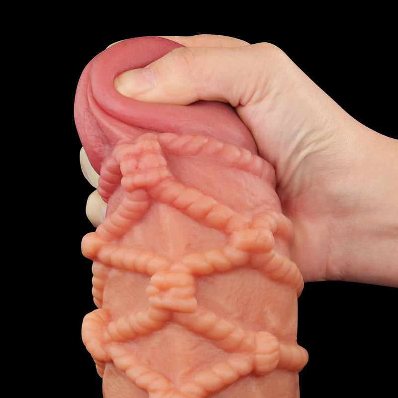 The prominent but soft head of the 9.5 inches silicone realistic rope dildo