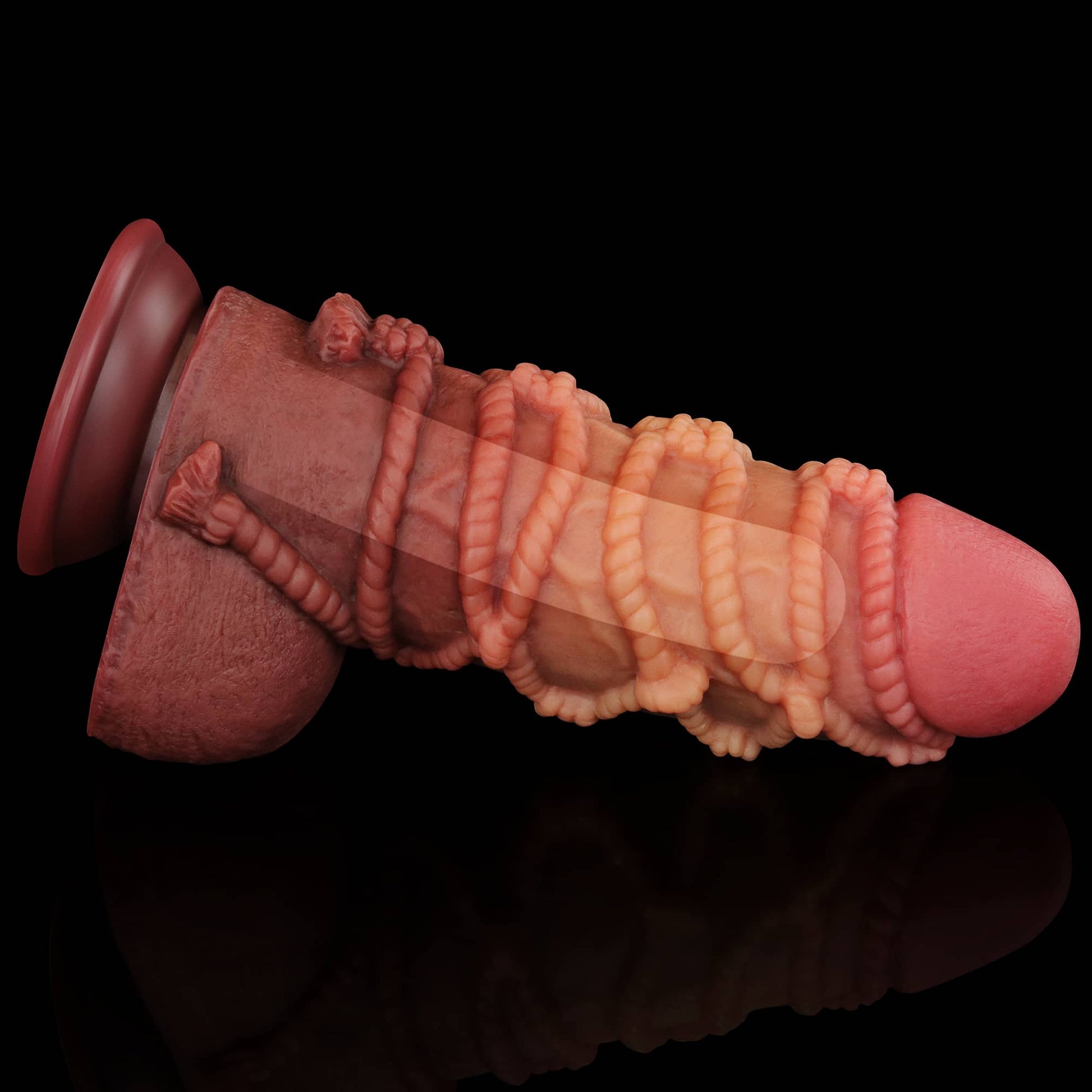 The 9.5 inches silicone realistic rope dildo has firm silicone inside and ultra soft silicone outside