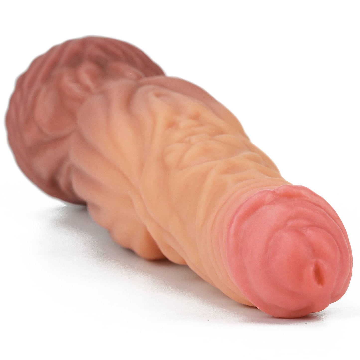 The 9.5 inches silicone realistic wolf dildo lies flat and shows its textured head
