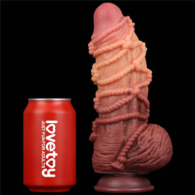 Comparison between the 9.5 inches dual layered silicone cock with rope and beverage cans