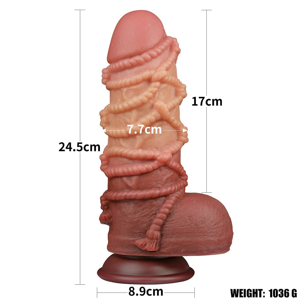The size of the 9.5 inches dual layered silicone cock with rope