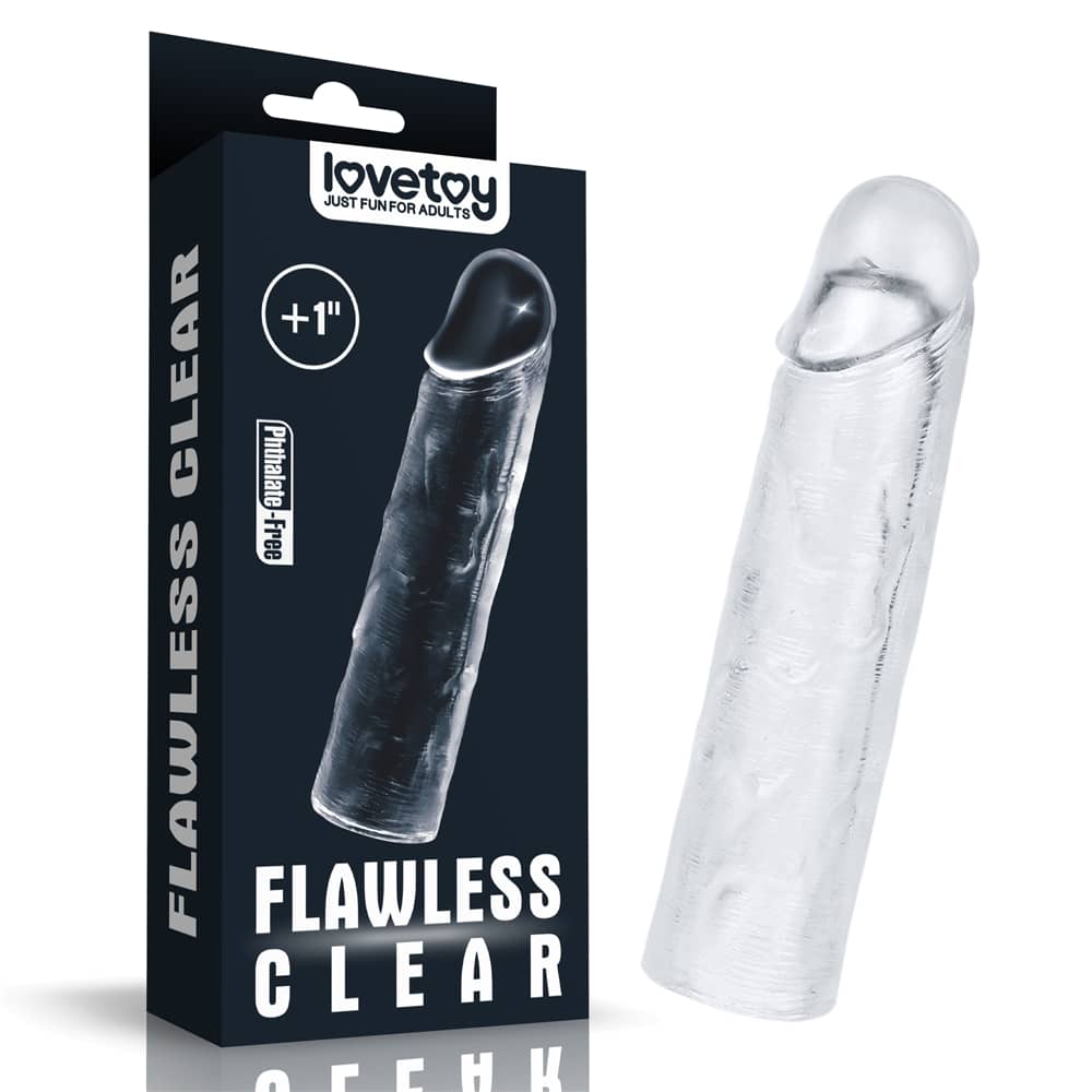 The packaging of the add 1 inches flawless clear penis sleeve