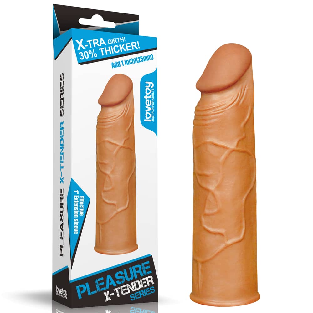 The packaging of the add 1 inches pleasure x tender penis sleeve