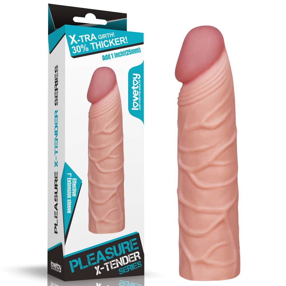 The packaging of the add 1 inches pleasure x tender penis sleeve