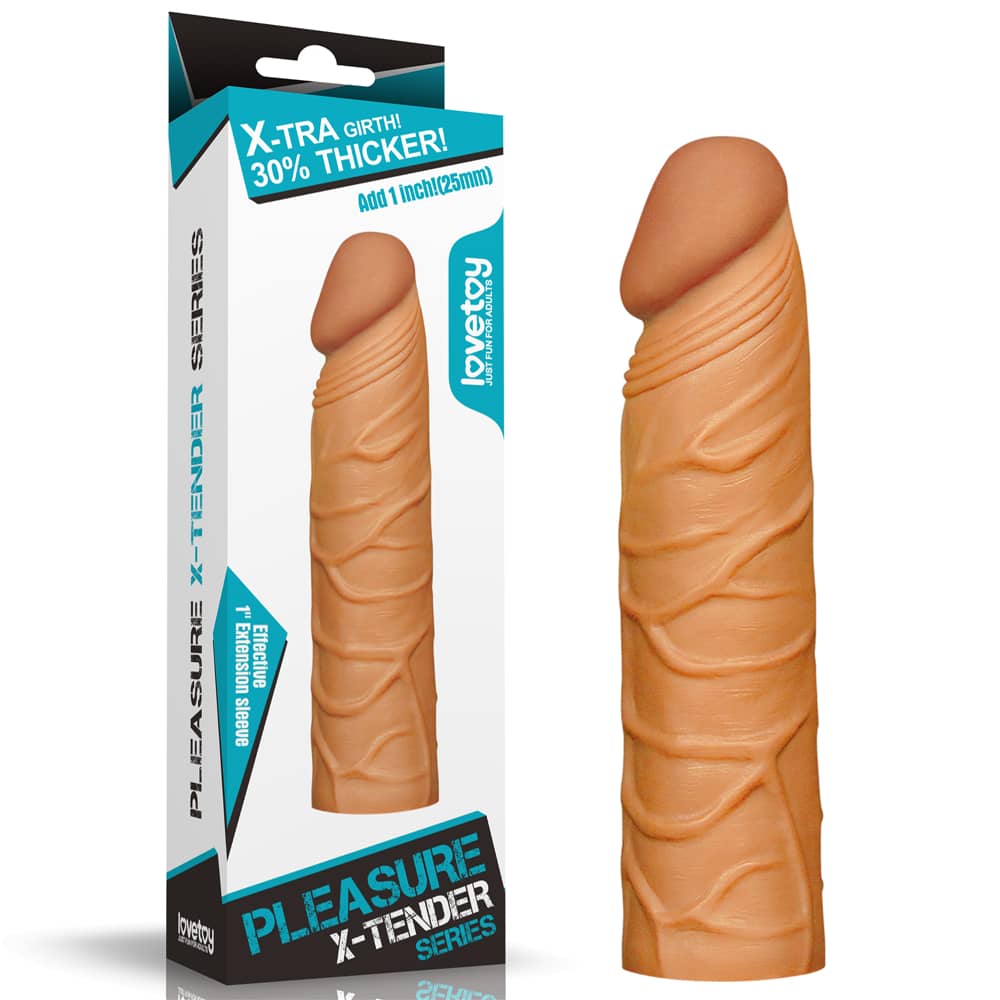 The packaging of the add 1 inches pleasure x tender brown penis sleeve