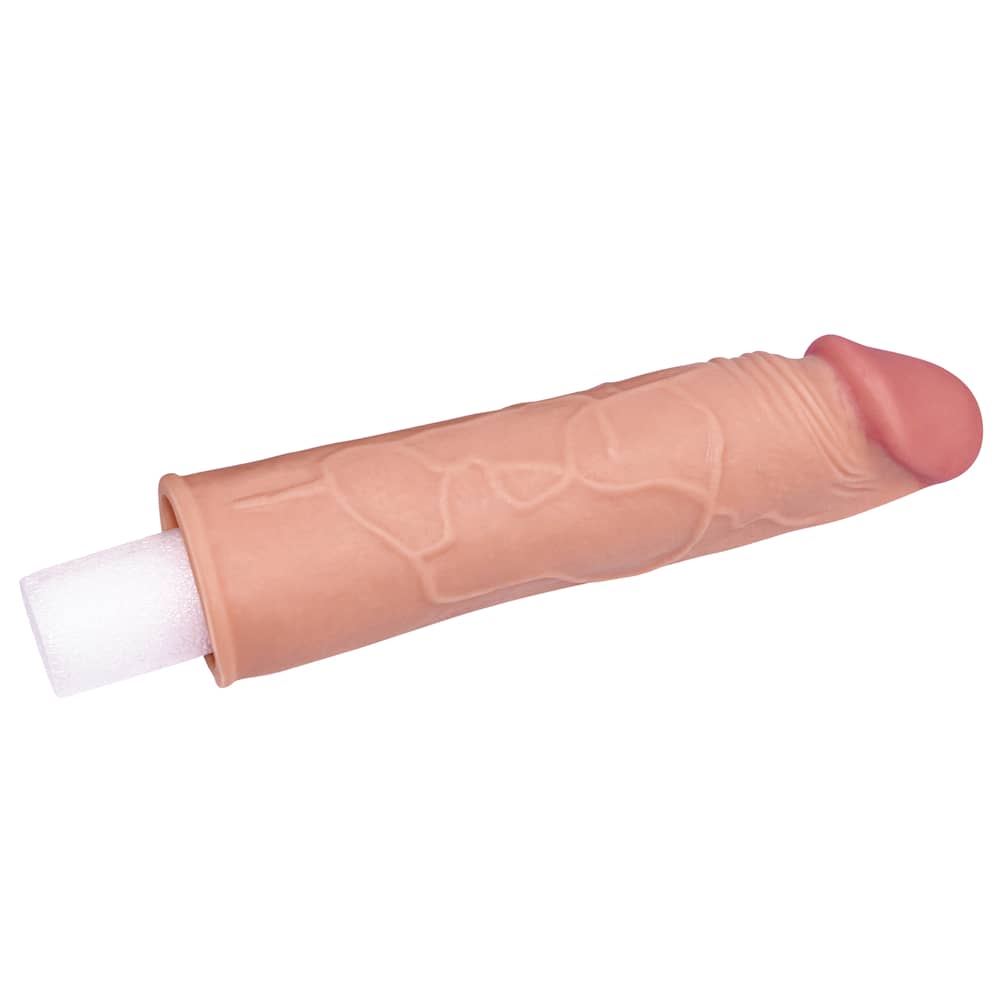 The add 1 inches pleasure x tender flesh penis sleeve provides an additional 2 inches in length