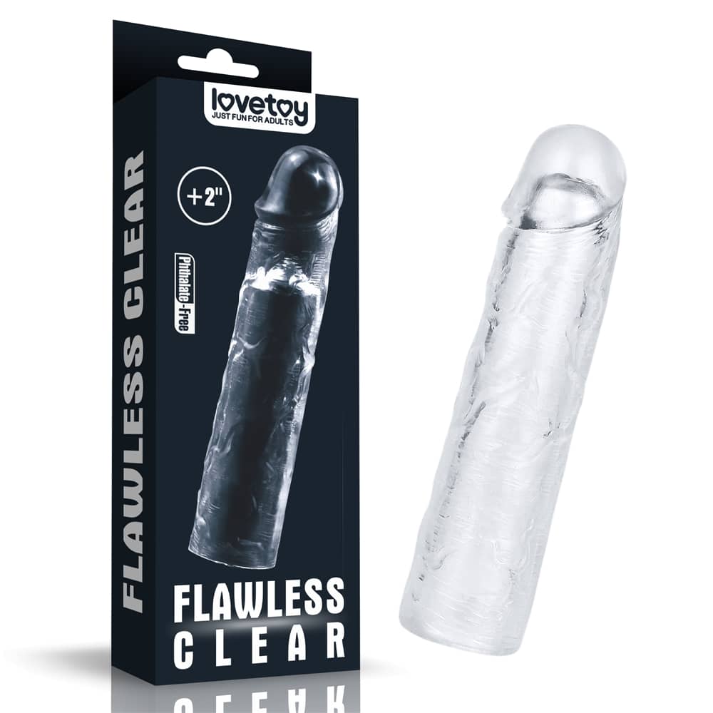 The packaging of the add 2 inches flawless clear penis sleeve