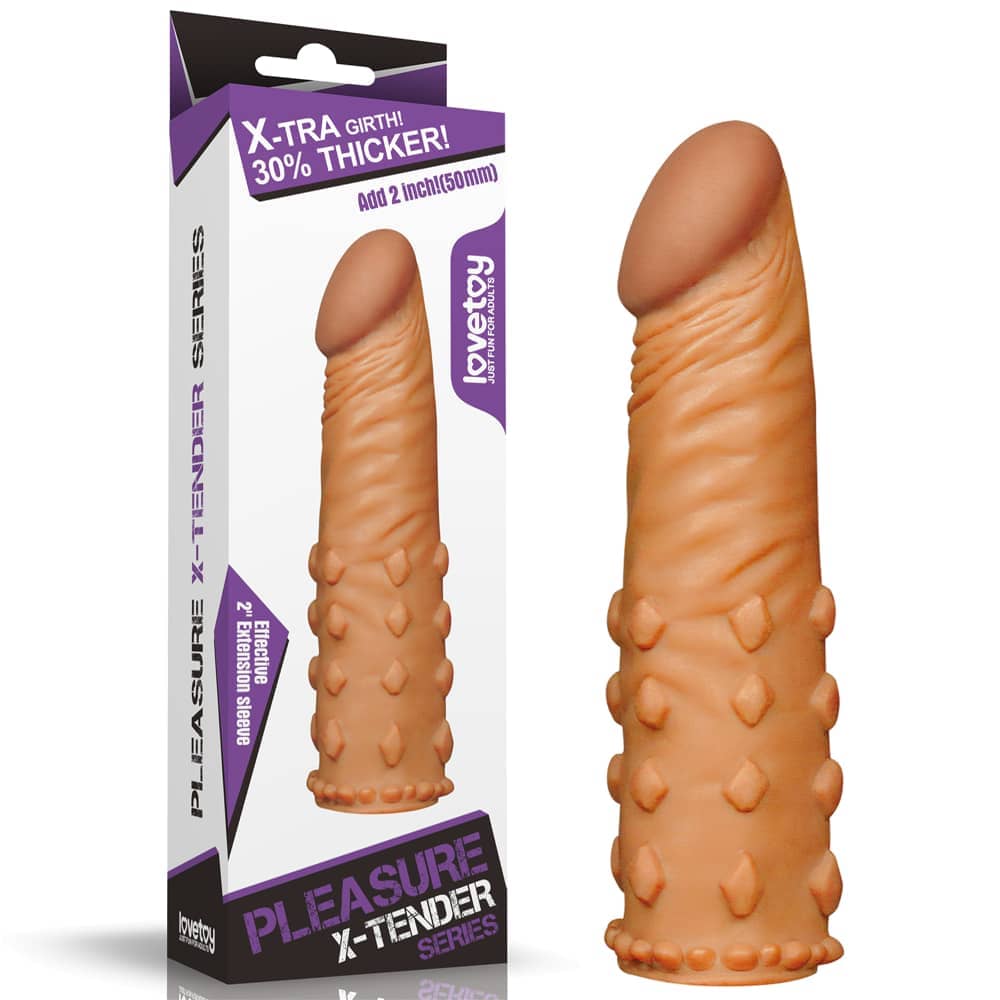 The packaging of the add 2 inches pleasure x tender penis sleeve