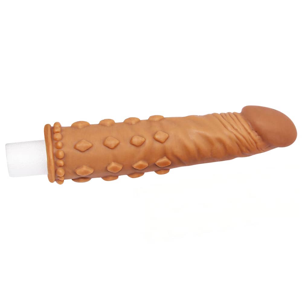 The add 2 inches pleasure x tender penis sleeve provides an additional 2 inches in length