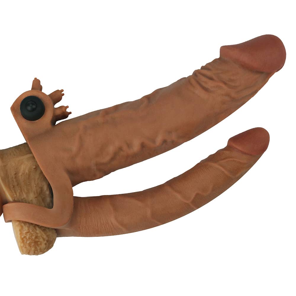 The add 2 inches vibrating double penis sleeve worn on dildo