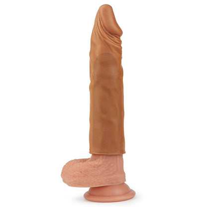 The brown add 2 inches x tender penis sleeve worn on dildo