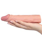 The flesh add 2 inches x tender penis sleeve lays flat on the palm