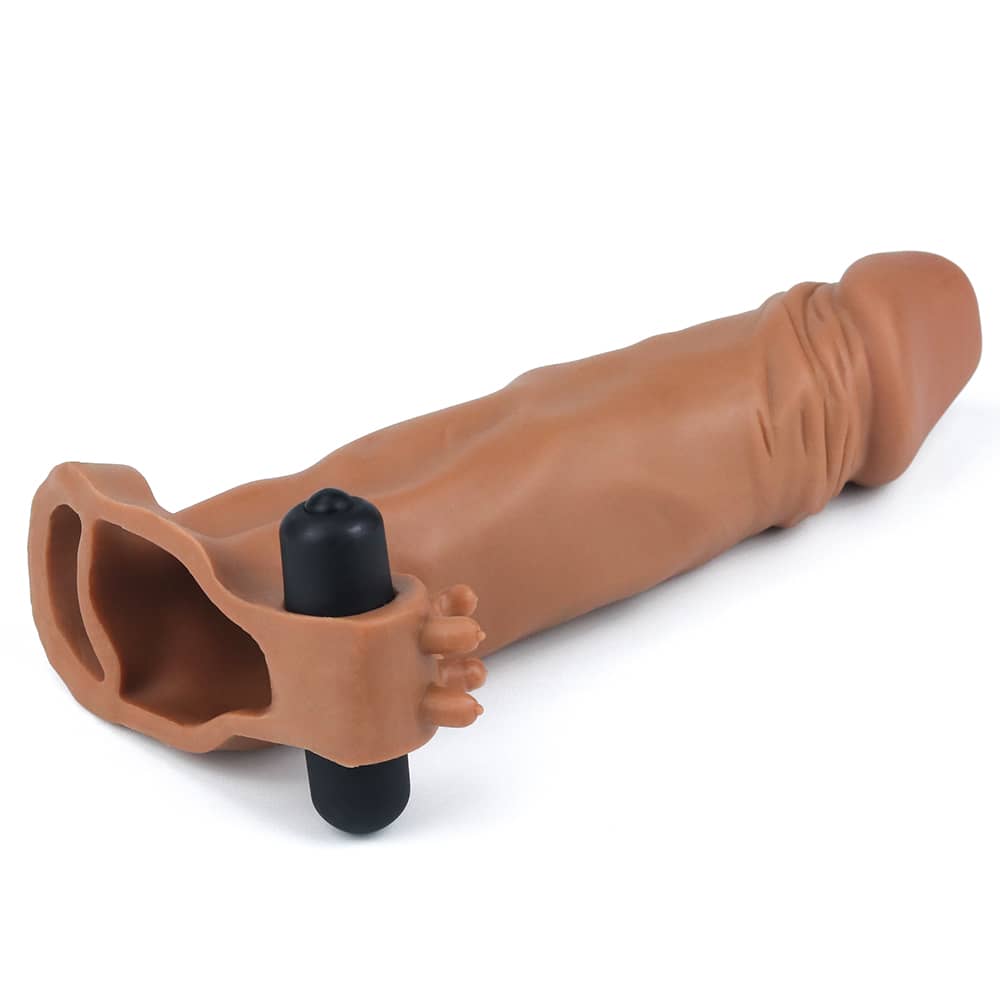 The brown add 2 inches vibrating penis sleeve lays flat