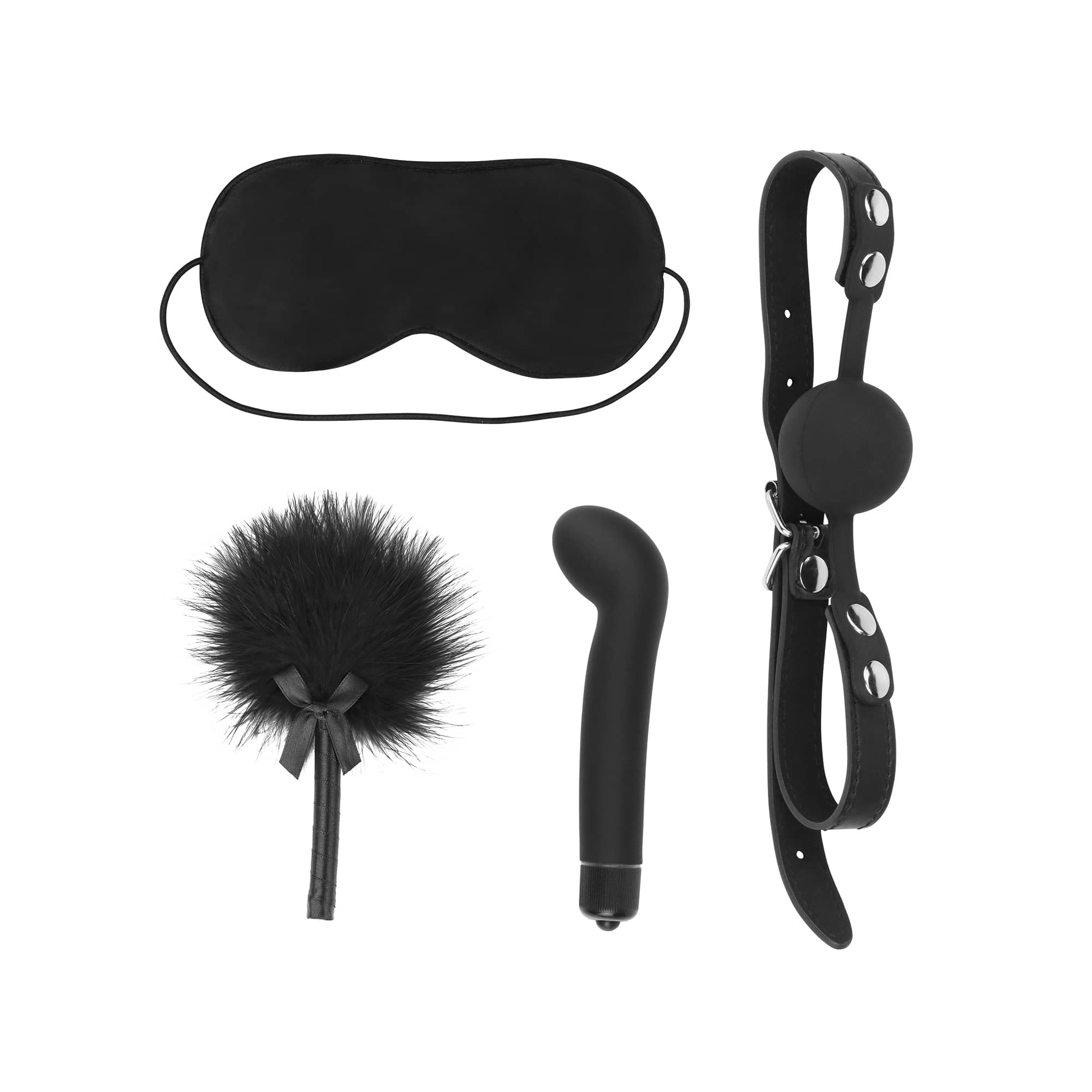 The g spot vibrator and blindfold and ball gag and feather tickler of the bdsm bondage sets
