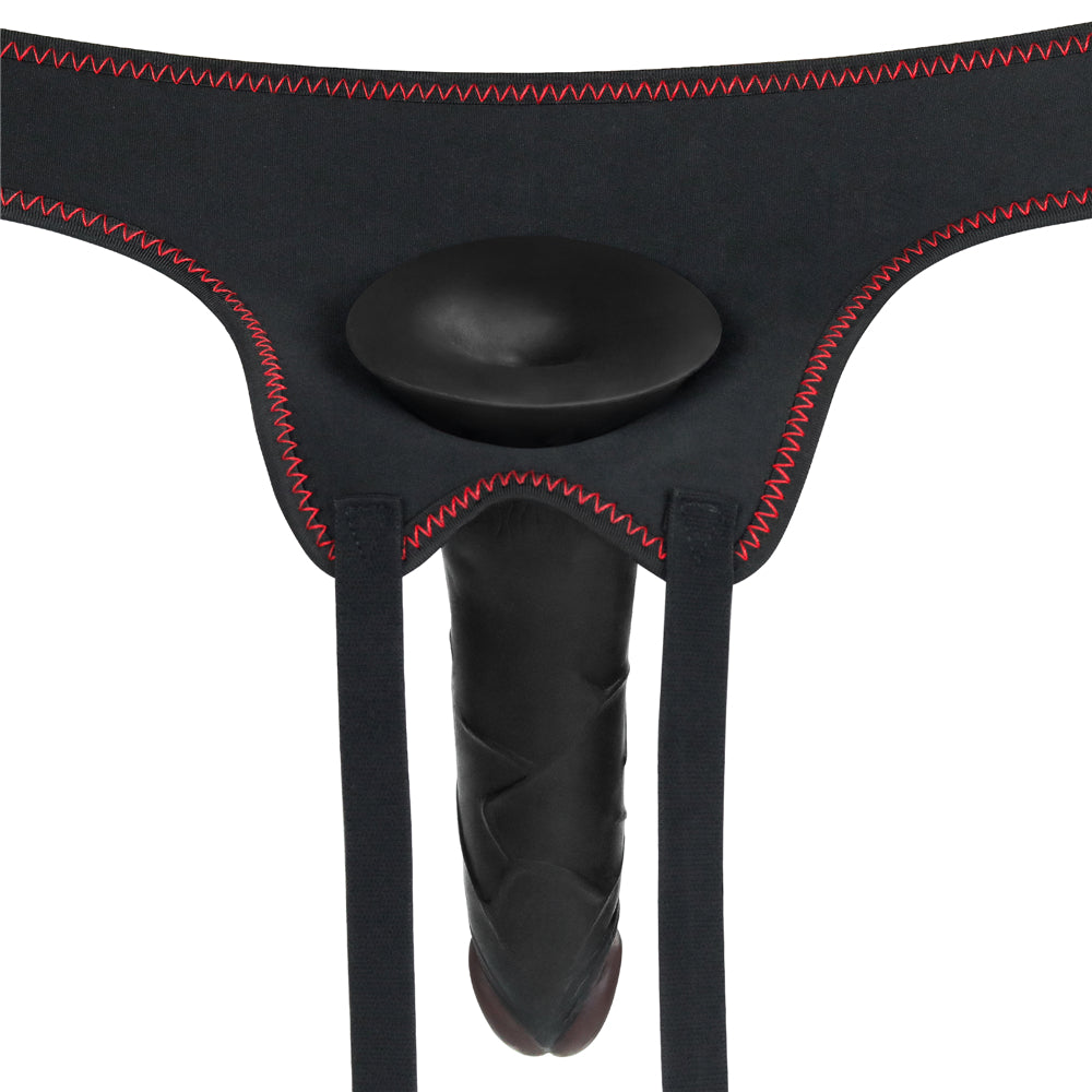 Put the dildo into the O ring of the black 7.5 inches vibrating dildo easy strapon set