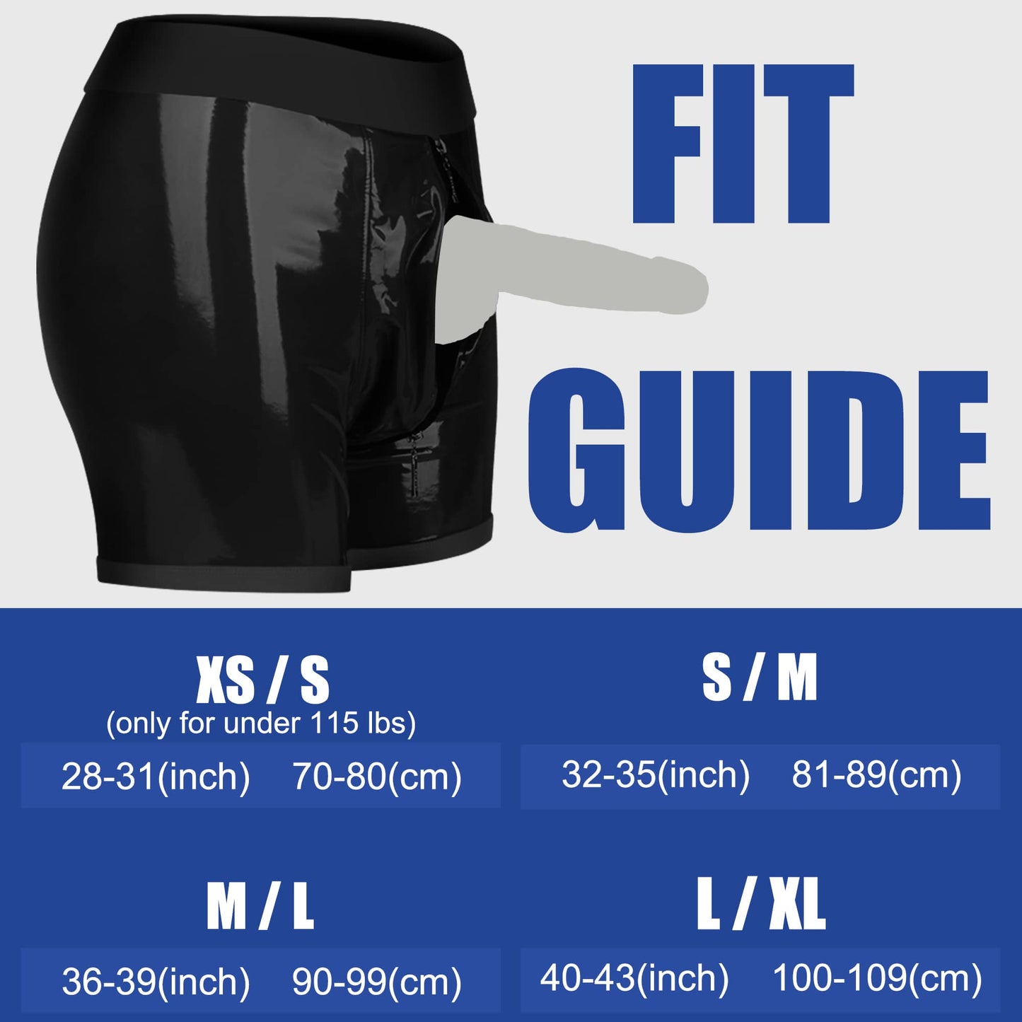 The size chart of the black faux leather strap on shorts
