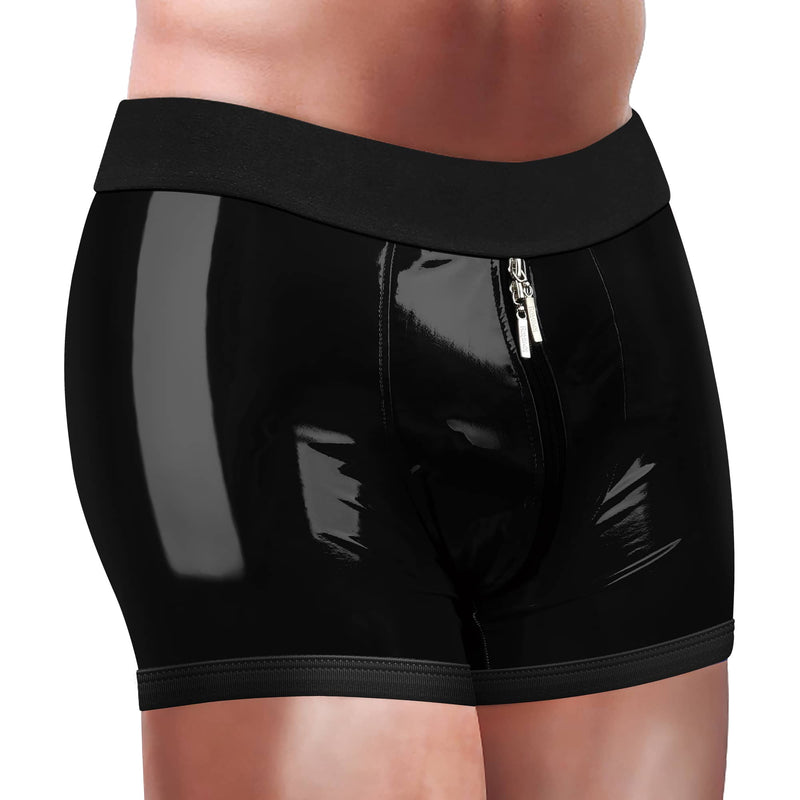 A man wears the black faux leather strap on shorts