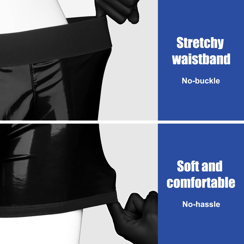 The black faux leather strap on shorts has elastic waistband