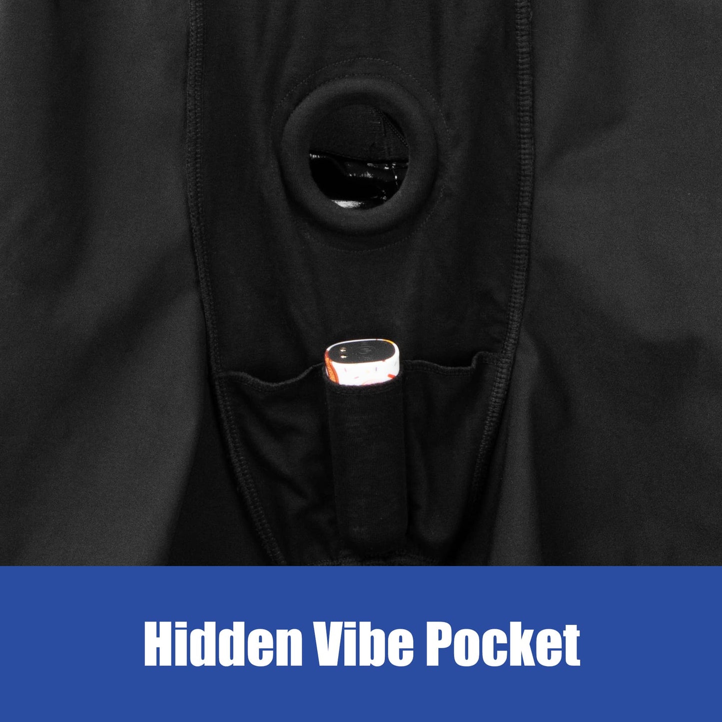 The mini vibrator is put in a hidden pocket at the bottom of the black faux leather strap on shorts
