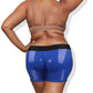 A plump woman wears the blue faux leather strap on shorts