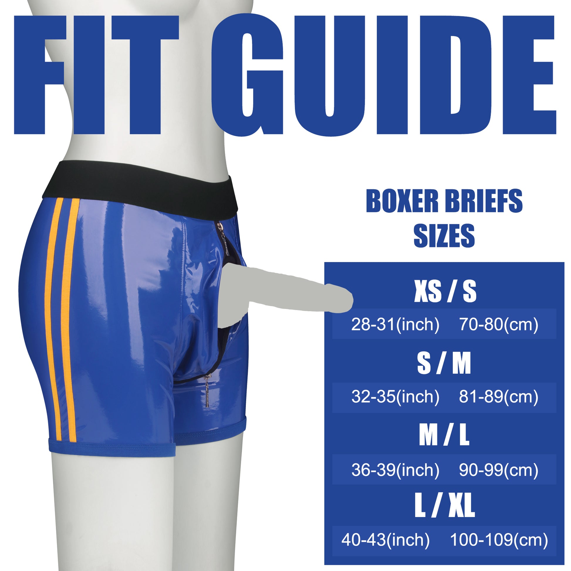 The size chart of the blue faux leather strap on shorts