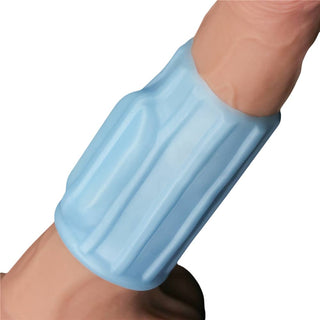  The blue vibrating ridge knights ring worn on dildo