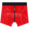 The front of the red chic strap on shorts 
