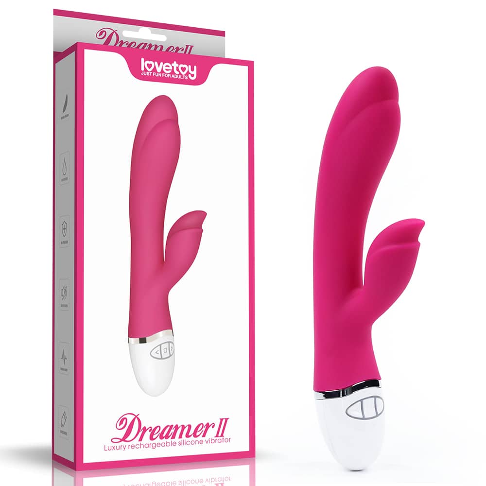 The packaging of the pink rechargeable vibrator
