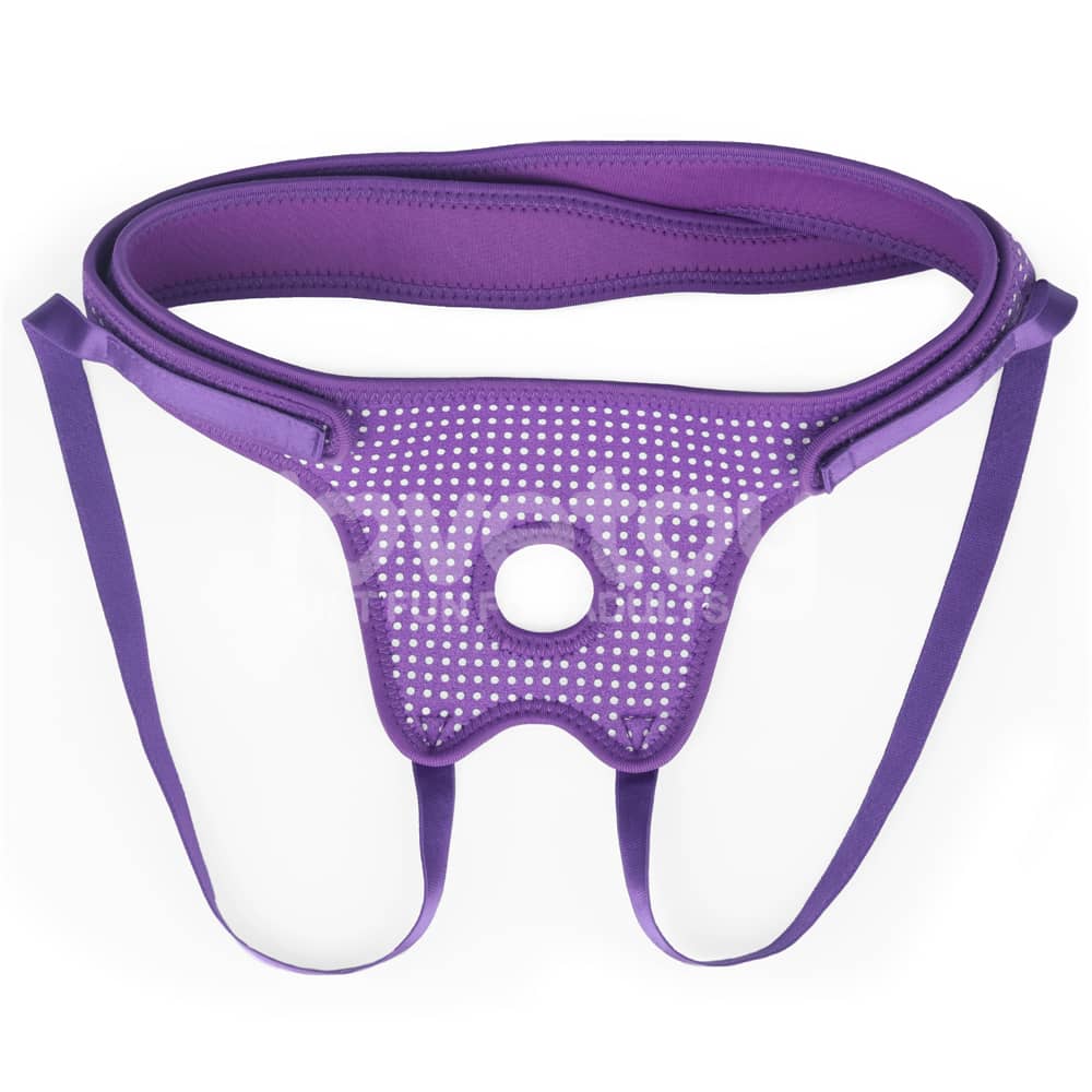 The front of laying flat the easy strap on harness polka dots purple 