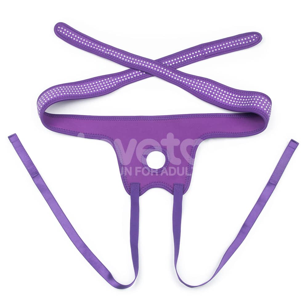 The easy strap on harness polka dots purple lays flat