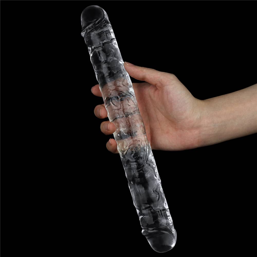 A man holds the 12 inches flawless clear double dildo